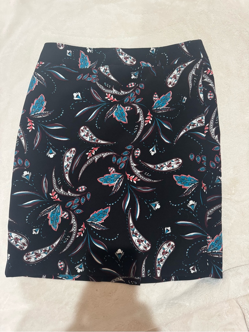 Ann Taylor Black Pencil Skirt with Teal and Pink Paisley Print